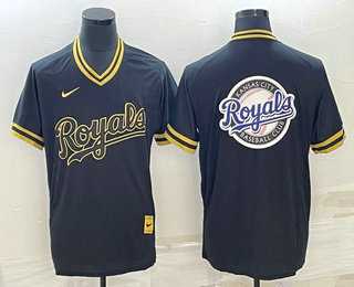 Men%27s Kansas City Royals Big Logo Black Gold Nike Cooperstown Legend V Neck Jersey